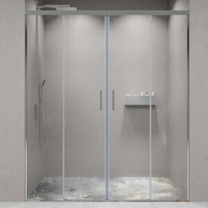 Mampara de ducha frontal BASIC 2 fijos -2 puertas correderas. Sin perfil inferior. Con tratamiento anti-cal . Acabado CROMO BRILLO