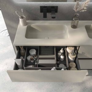 Mueble de baño DUNE con patas 4 cajones con encimera SOLID SURFACE 2 senos