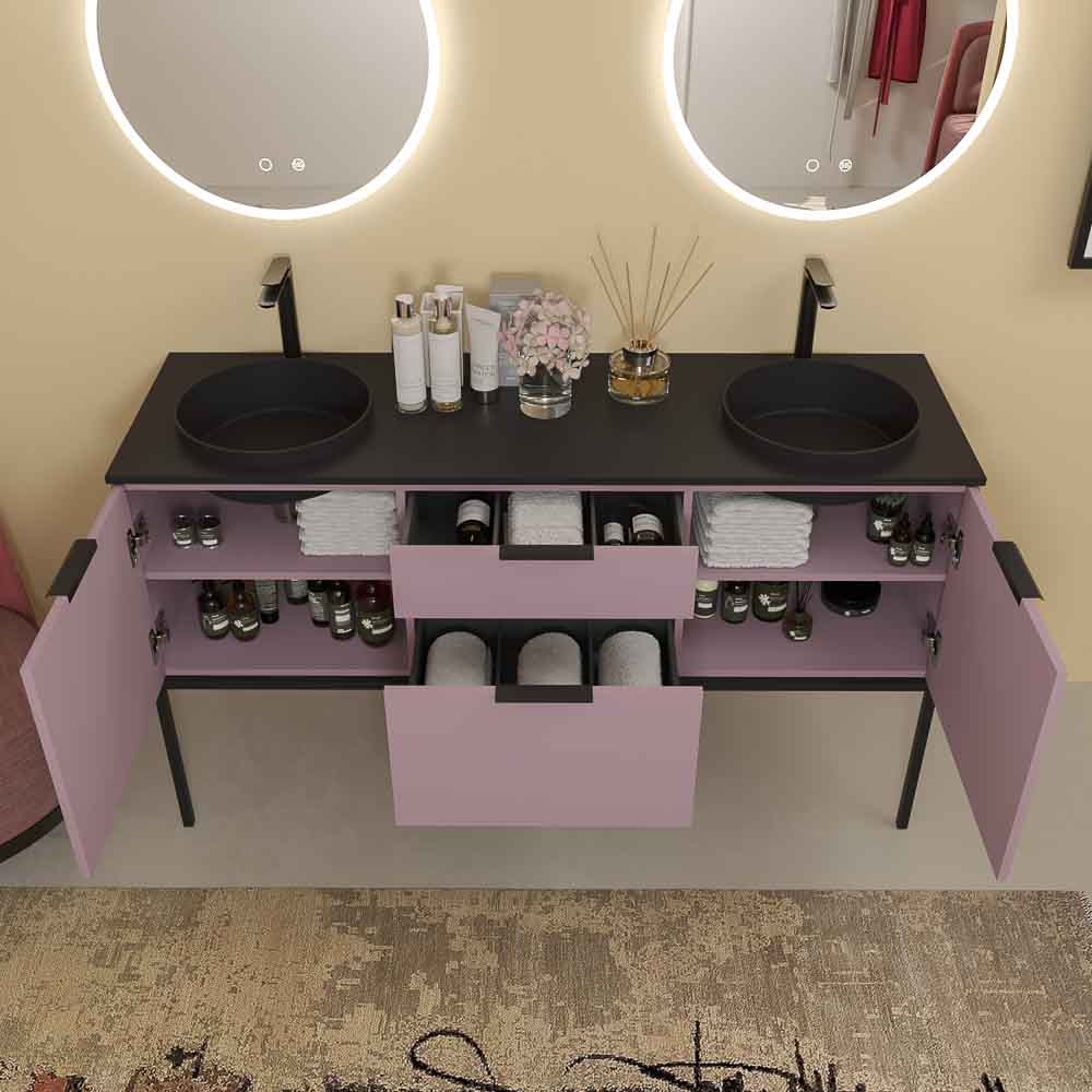 Mueble de baño ELLA con patas 2 cajones - 2 puertas con encimera SOLID SURFACE 2 senos - Imagen 2