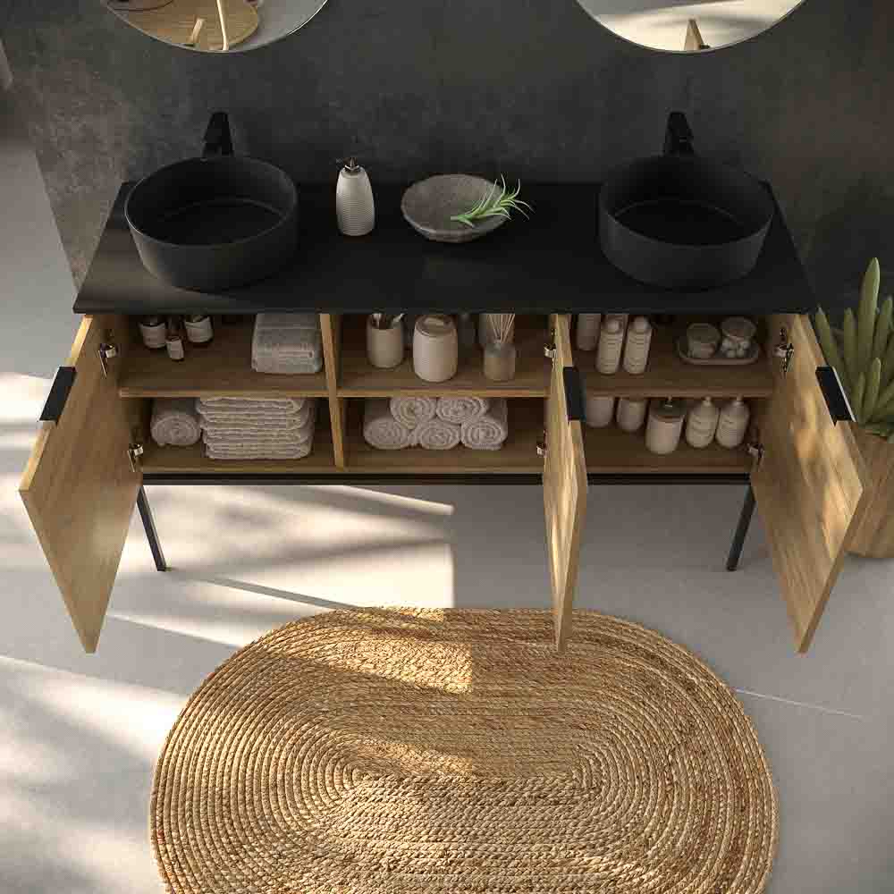 Mueble de baño ELLA con patas 3 puertas con tapa SOLID SURFACE 2 senos ROBLE CLARO - Imagen 7