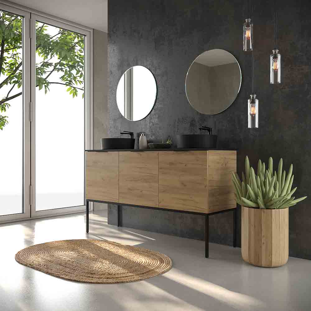 Mueble de baño ELLA con patas 3 puertas con tapa SOLID SURFACE 2 senos ROBLE CLARO
