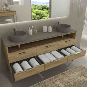 Mueble de baño ELLA con patas 6 cajones - 1 hueco con tapa SOLID SURFACE 2 lavabos ROBLE CLARO