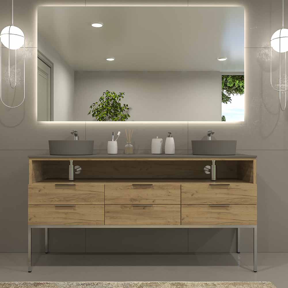 Mueble de baño ELLA con patas 6 cajones - 1 hueco con tapa SOLID SURFACE 2 lavabos ROBLE CLARO - Imagen 8