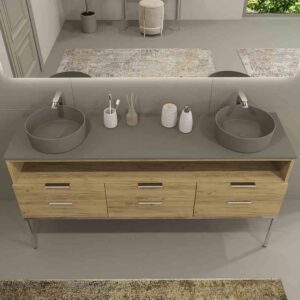 Mueble de baño ELLA con patas 6 cajones - 1 hueco con tapa SOLID SURFACE 2 lavabos ROBLE CLARO