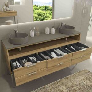 Mueble de baño ELLA con patas 6 cajones - 1 hueco con tapa SOLID SURFACE 2 lavabos ROBLE CLARO