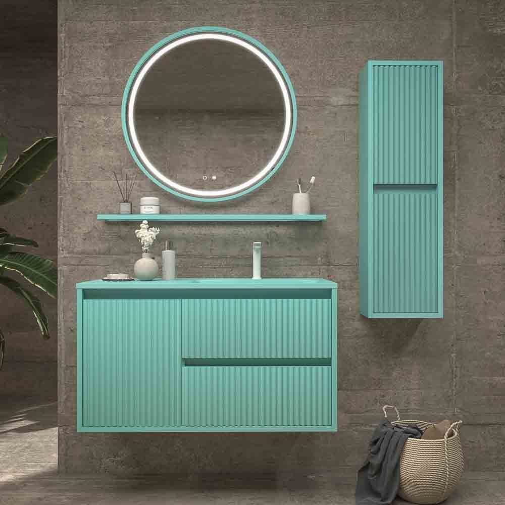 Mueble de baño suspendido 2 cajones / 1 puerta MILIA con lavabo Solid Surface VERDE LUMINOSO