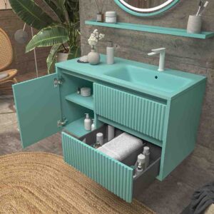 Mueble de baño suspendido 2 cajones / 1 puerta MILIA con lavabo Solid Surface  VERDE LUMINOSO