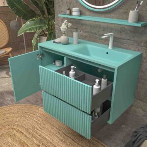 Mueble de baño suspendido 2 cajones / 1 puerta MILIA con lavabo Solid Surface  VERDE LUMINOSO