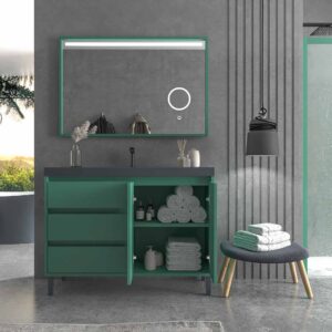 Mueble de baño BOX a suelo 120 cm 3 cajones / 2 puertas con lavabo resina 6 cm . VERDE PATINA
