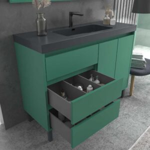 Mueble de baño BOX a suelo 120 cm 3 cajones / 2 puertas con lavabo resina 6 cm . VERDE PATINA