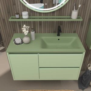 Mueble de baño suspendido 2 cajones / 1 puerta CLAIRE con lavabo Solid Surface VERDE PALIDO