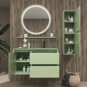 Mueble de baño suspendido 2 cajones / 1 puerta CLAIRE con lavabo Solid Surface VERDE PALIDO