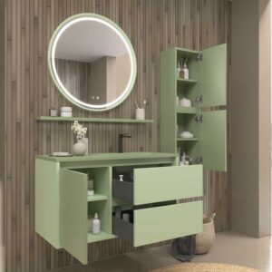 Mueble de baño suspendido 2 cajones / 1 puerta CLAIRE con lavabo Solid Surface VERDE PALIDO