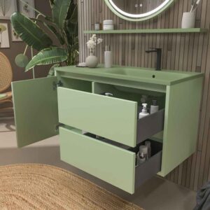 Mueble de baño suspendido 2 cajones / 1 puerta CLAIRE con lavabo Solid Surface VERDE PALIDO