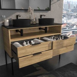 Mueble de baño ELLA con patas 4 cajones - 1 hueco con tapa SOLID SURFACE 2 lavabos ROBLE CLARO