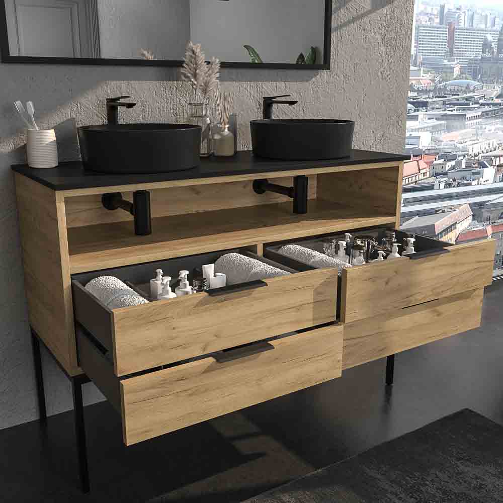 Mueble de baño ELLA con patas 4 cajones - 1 hueco con tapa SOLID SURFACE 2 lavabos ROBLE CLARO - Imagen 2