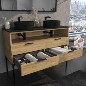 Mueble de baño ELLA con patas 4 cajones - 1 hueco con tapa SOLID SURFACE 2 lavabos ROBLE CLARO