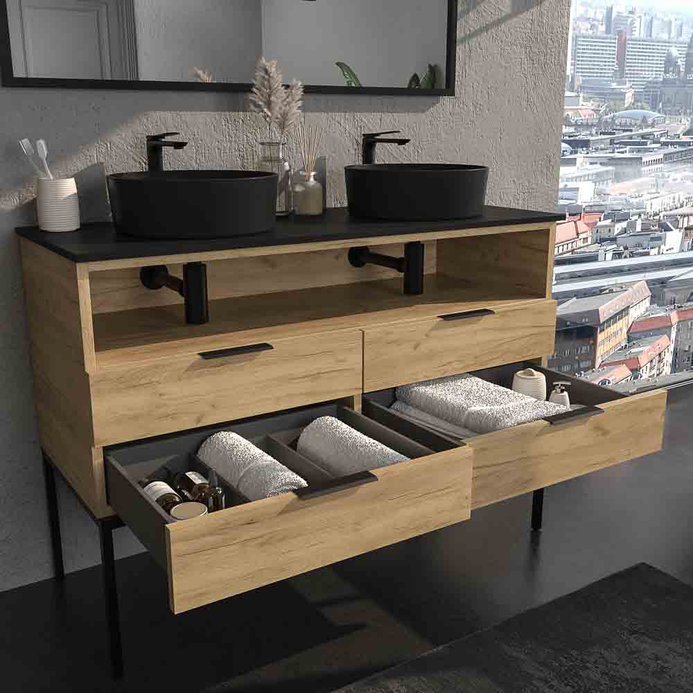 Mueble de baño ELLA con patas 4 cajones - 1 hueco con tapa SOLID SURFACE 2 lavabos ROBLE CLARO - Imagen 3