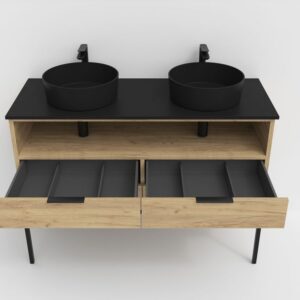 Mueble de baño ELLA con patas 4 cajones - 1 hueco con tapa SOLID SURFACE 2 lavabos ROBLE CLARO
