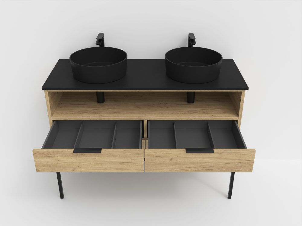 Mueble de baño ELLA con patas 4 cajones - 1 hueco con tapa SOLID SURFACE 2 lavabos ROBLE CLARO - Imagen 6