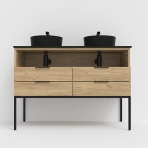 Mueble de baño ELLA con patas 4 cajones - 1 hueco con tapa SOLID SURFACE 2 lavabos ROBLE CLARO