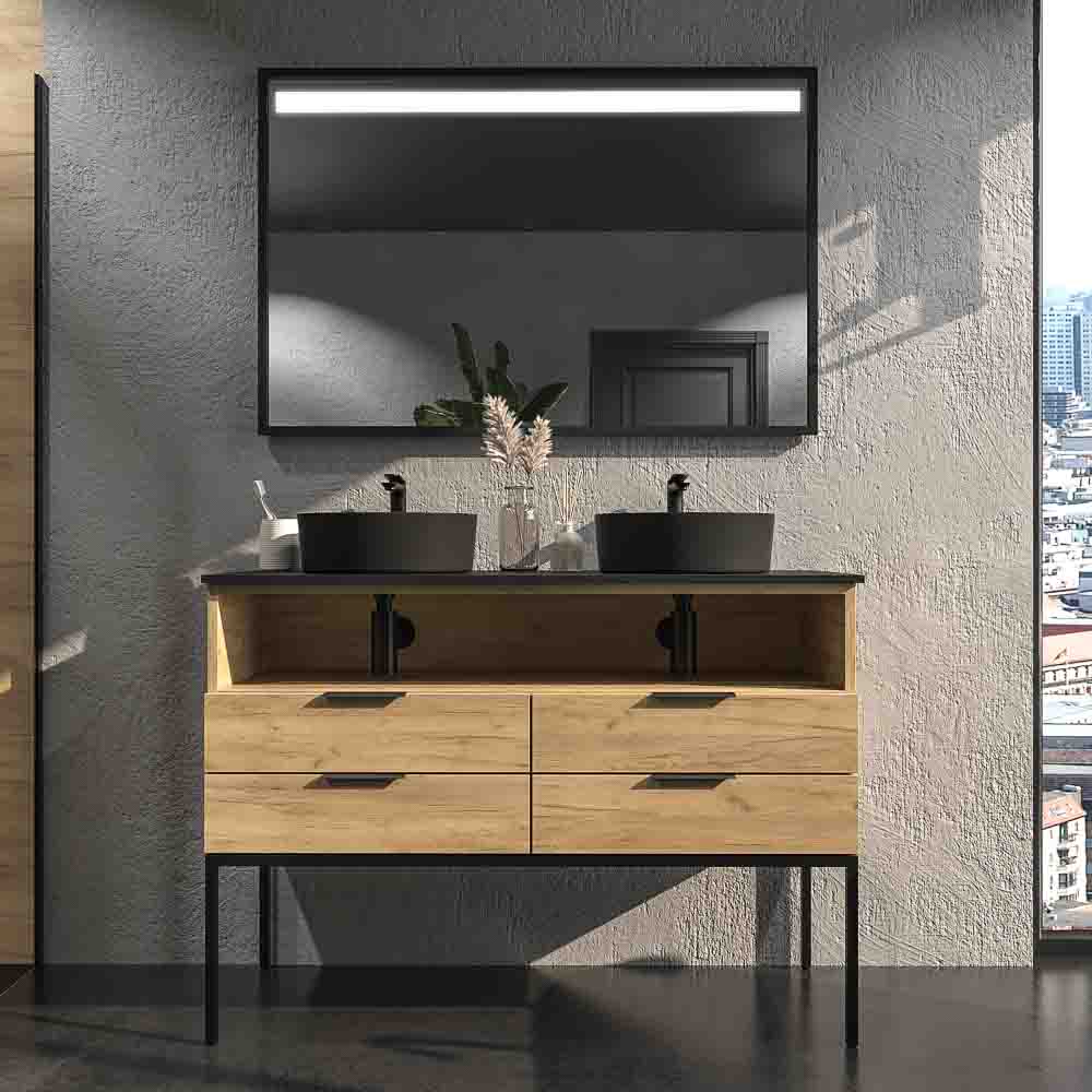 Mueble de baño ELLA con patas 4 cajones - 1 hueco con tapa SOLID SURFACE 2 lavabos ROBLE CLARO