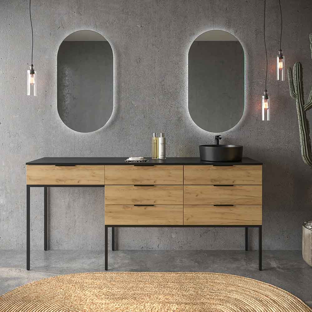 Mueble de baño ELLA con patas 6 cajones con tocador ROBLE CLARO con tapa SOLID SURFACE lavabo OSIRIS