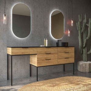 Mueble de baño ELLA con patas 6 cajones con tocador ROBLE CLARO con tapa SOLID SURFACE lavabo OSIRIS