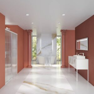 Mueble de baño GRATE con patas 2 cajones acabado mármol CALACATTA GOLD con tapa y lavabo SOLID SURFACE Fogo