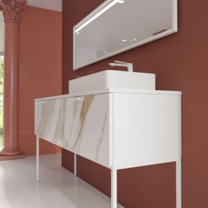 Mueble de baño GRATE con patas 2 cajones acabado mármol CALACATTA GOLD con tapa y lavabo SOLID SURFACE Fogo