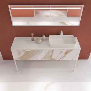 Mueble de baño GRATE con patas 2 cajones acabado mármol CALACATTA GOLD con tapa y lavabo SOLID SURFACE Fogo