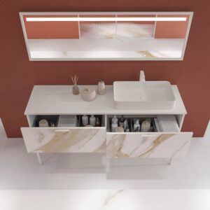 Mueble de baño GRATE con patas 2 cajones acabado mármol CALACATTA GOLD con tapa y lavabo SOLID SURFACE Fogo