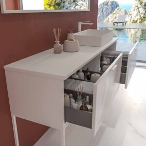 Mueble de baño GRATE con patas 2 cajones acabado mármol CALACATTA GOLD con tapa y lavabo SOLID SURFACE Fogo