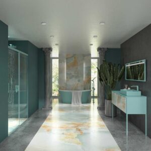 Mueble de baño GRATE con patas 2 cajones acabado mármol ONIX AZUL con tapa y lavabo SOLID SURFACE Fogo