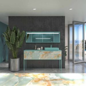 Mueble de baño GRATE con patas 2 cajones acabado mármol ONIX AZUL con tapa y lavabo SOLID SURFACE Fogo