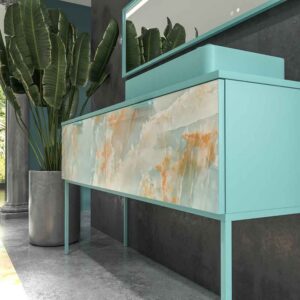 Mueble de baño GRATE con patas 2 cajones acabado mármol ONIX AZUL con tapa y lavabo SOLID SURFACE Fogo