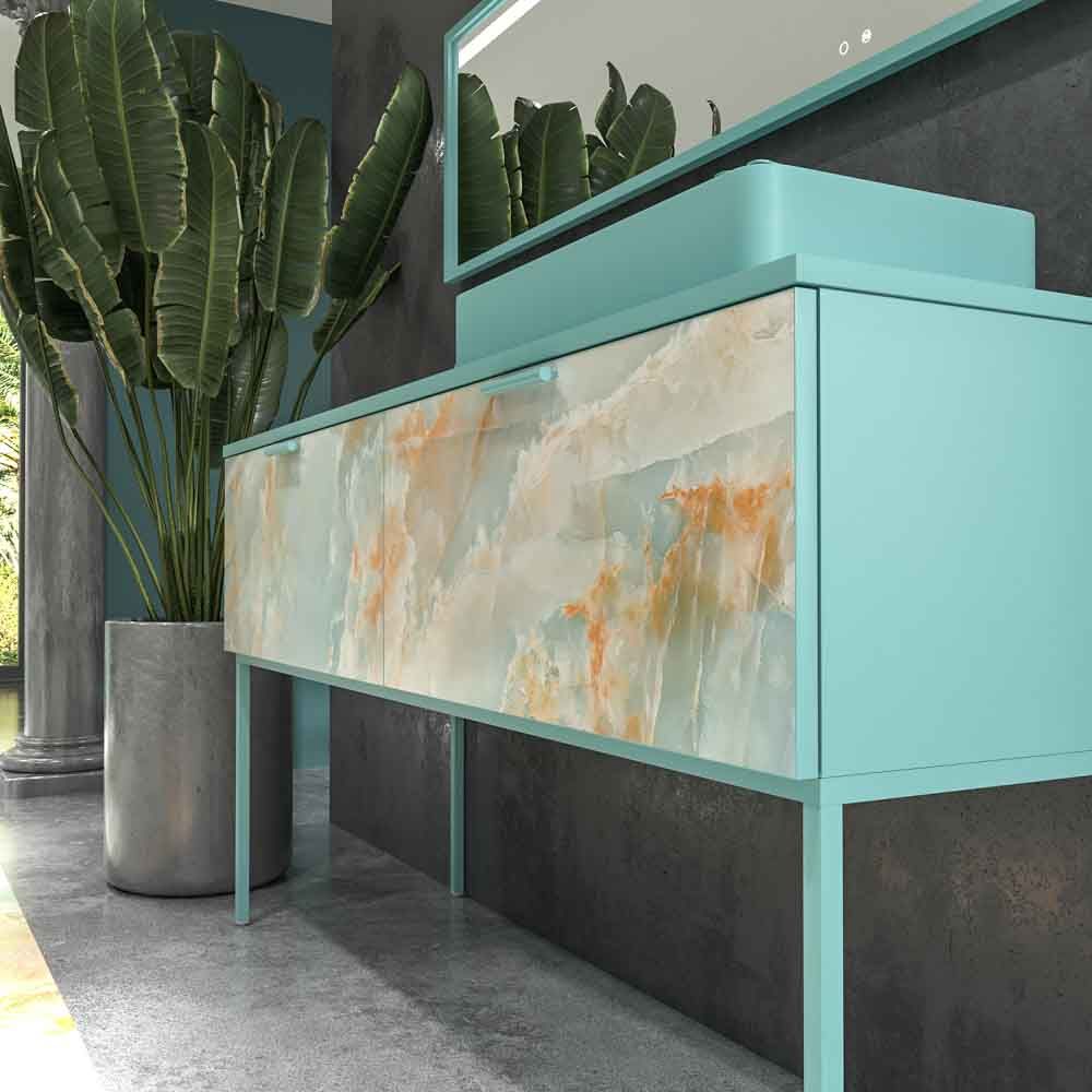 Mueble de baño GRATE con patas 2 cajones acabado mármol ONIX AZUL con tapa y lavabo SOLID SURFACE Fogo - Imagen 8