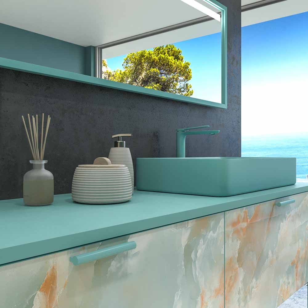 Mueble de baño GRATE con patas 2 cajones acabado mármol ONIX AZUL con tapa y lavabo SOLID SURFACE Fogo - Imagen 7