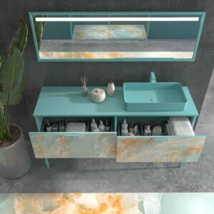 Mueble de baño GRATE con patas 2 cajones acabado mármol ONIX AZUL con tapa y lavabo SOLID SURFACE Fogo
