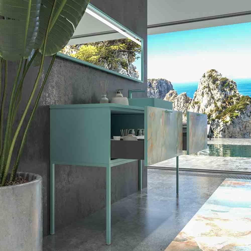 Mueble de baño GRATE con patas 2 cajones acabado mármol ONIX AZUL con tapa y lavabo SOLID SURFACE Fogo - Imagen 5