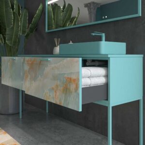 Mueble de baño GRATE con patas 2 cajones acabado mármol ONIX AZUL con tapa y lavabo SOLID SURFACE Fogo