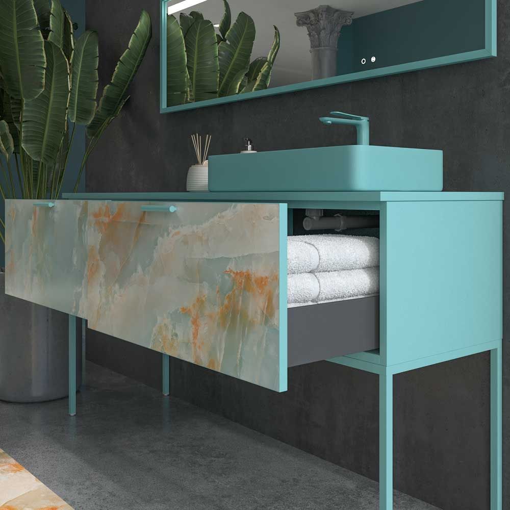 Mueble de baño GRATE con patas 2 cajones acabado mármol ONIX AZUL con tapa y lavabo SOLID SURFACE Fogo - Imagen 3