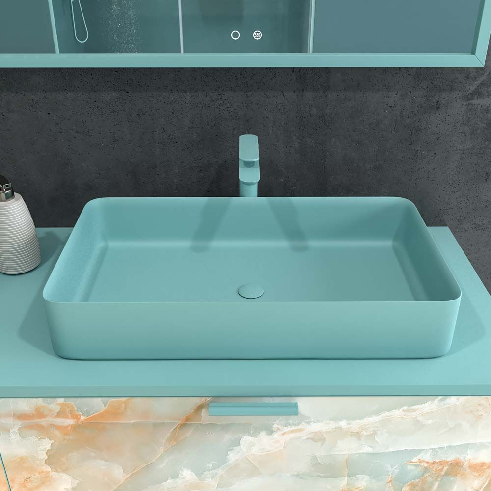 Mueble de baño GRATE con patas 2 cajones acabado mármol ONIX AZUL con tapa y lavabo SOLID SURFACE Fogo - Imagen 2