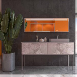Mueble de baño GRATE con patas 2 cajones acabado mármol ONIX GRIS con tapa y lavabo SOLID SURFACE Fogo