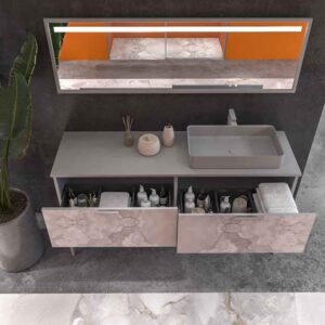Mueble de baño GRATE con patas 2 cajones acabado mármol ONIX GRIS con tapa y lavabo SOLID SURFACE Fogo