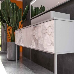 Mueble de baño GRATE con patas 2 cajones acabado mármol ONIX GRIS con tapa y lavabo SOLID SURFACE Fogo