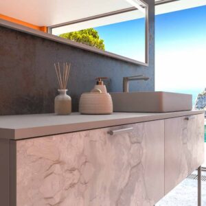 Mueble de baño GRATE con patas 2 cajones acabado mármol ONIX GRIS con tapa y lavabo SOLID SURFACE Fogo