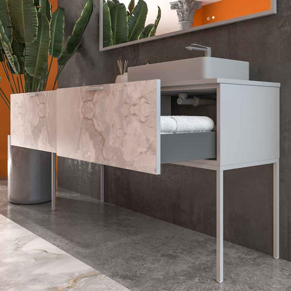 Mueble de baño GRATE con patas 2 cajones acabado mármol ONIX GRIS con tapa y lavabo SOLID SURFACE Fogo - Imagen 3