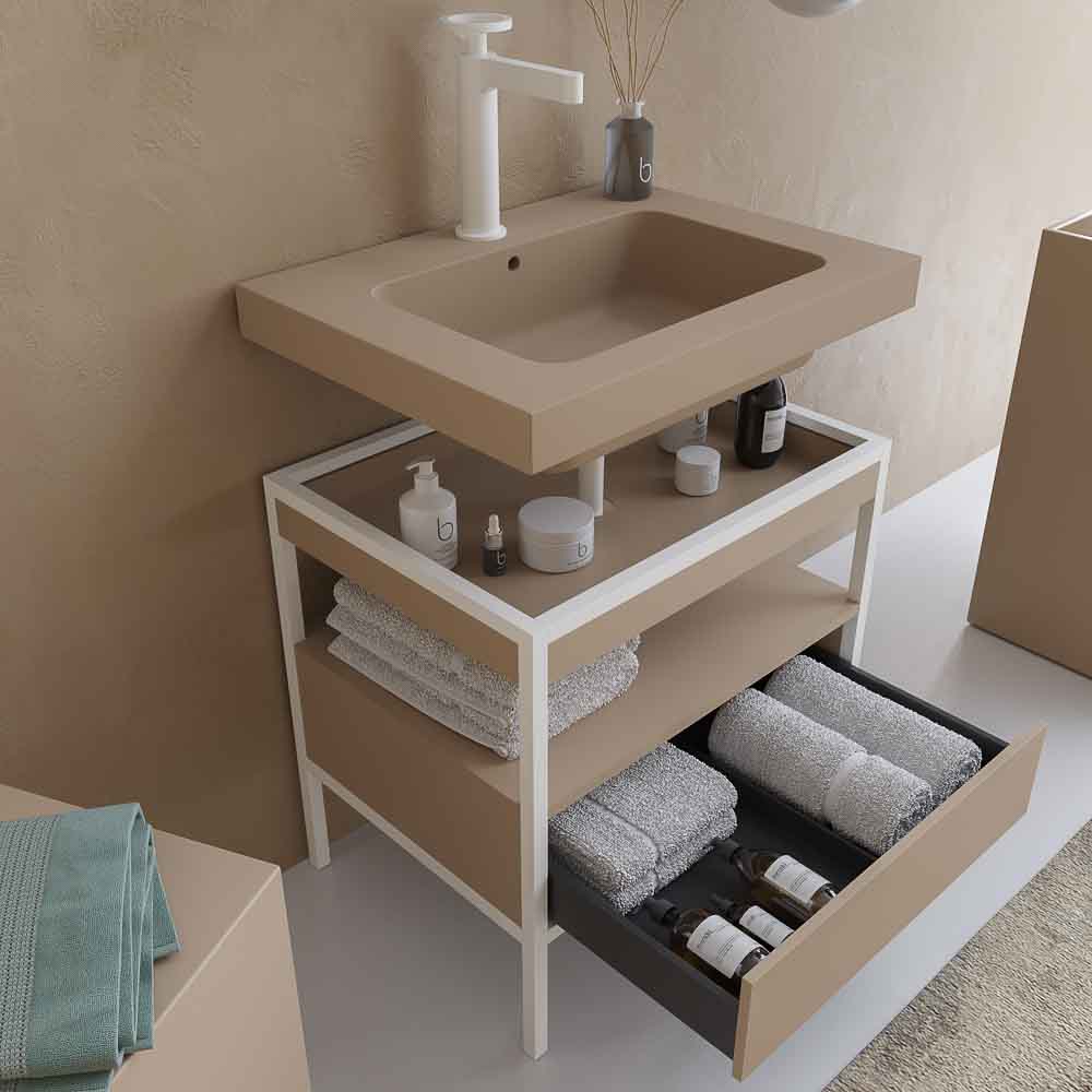 Mueble de baño INDEX estructura con patas 1 cajón lavabo suspendido MOKA-BLANCO - Imagen 4