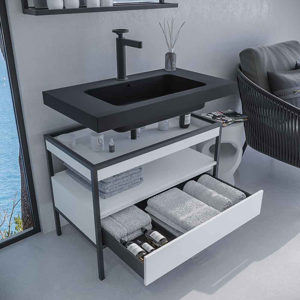 Mueble de baño INDEX estructura con patas 1 cajón lavabo suspendido BLANCO-NEGRO - Imagen 4